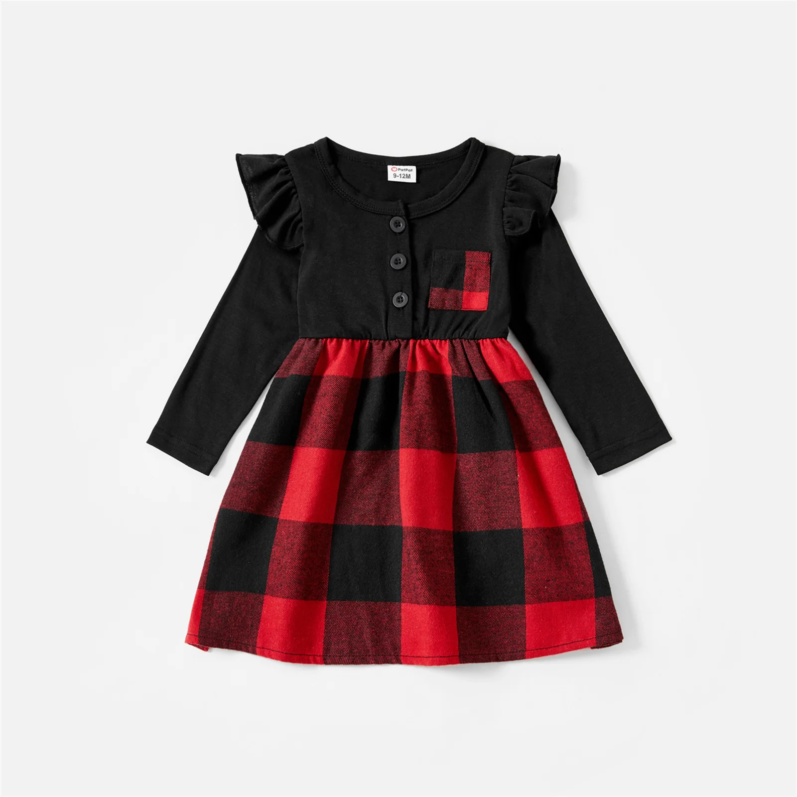 PatPat Christmas Red Plaid Splicing Black Long-sleeve Dresses and Shirts Sets images - 6