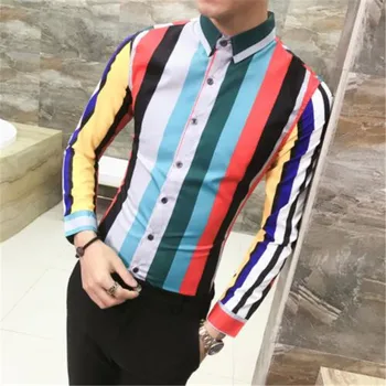 

Candy Stripe Shirt Men Sharp Fancy Prom Shirt Men 2018 Autumn Long Sleeve Slim Fit Korean Fashion Sharp Club Shirt Camicia Uomo