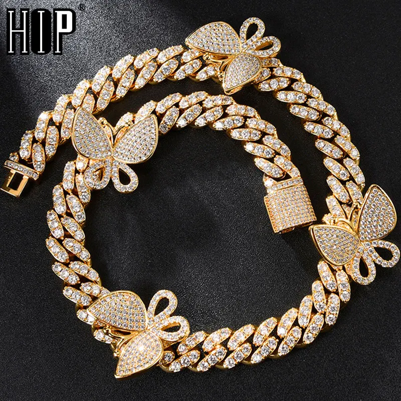 Hip Hop 12MM Gold CZ Cuban Chain With Butterfly Necklaces Iced Out