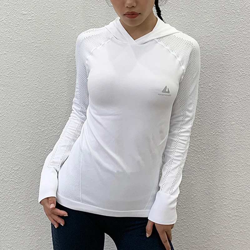 White BINAND Спортивная футболка для занятий йогой Топ Женская куртка с капюшоном упражнения спортивный Для женщин узкая по фигуре сорочка, мужская рубашка Фитнес тренажерный зал Топ прилегающие быстросохнущие лосины для бега тренировки с длинным рукавом - Цвет: White