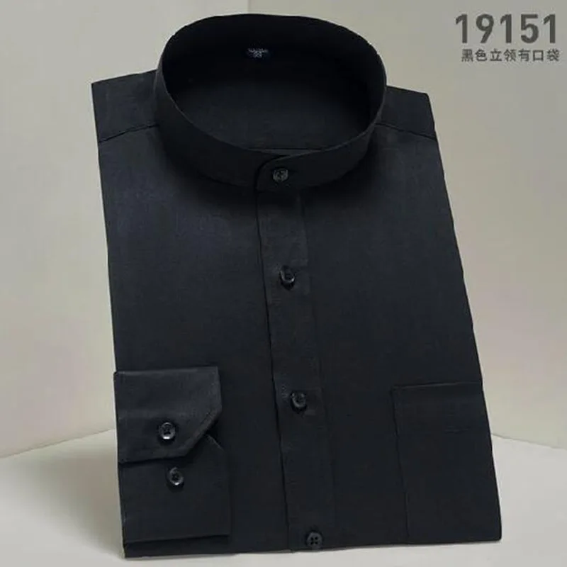 Мужская демисезонная одежда для улицы, базовые рубашки Camisa, с длинным рукавом, стоячий воротник, чистый цвет, дышащие удобные рубашки, ткань - Цвет: black