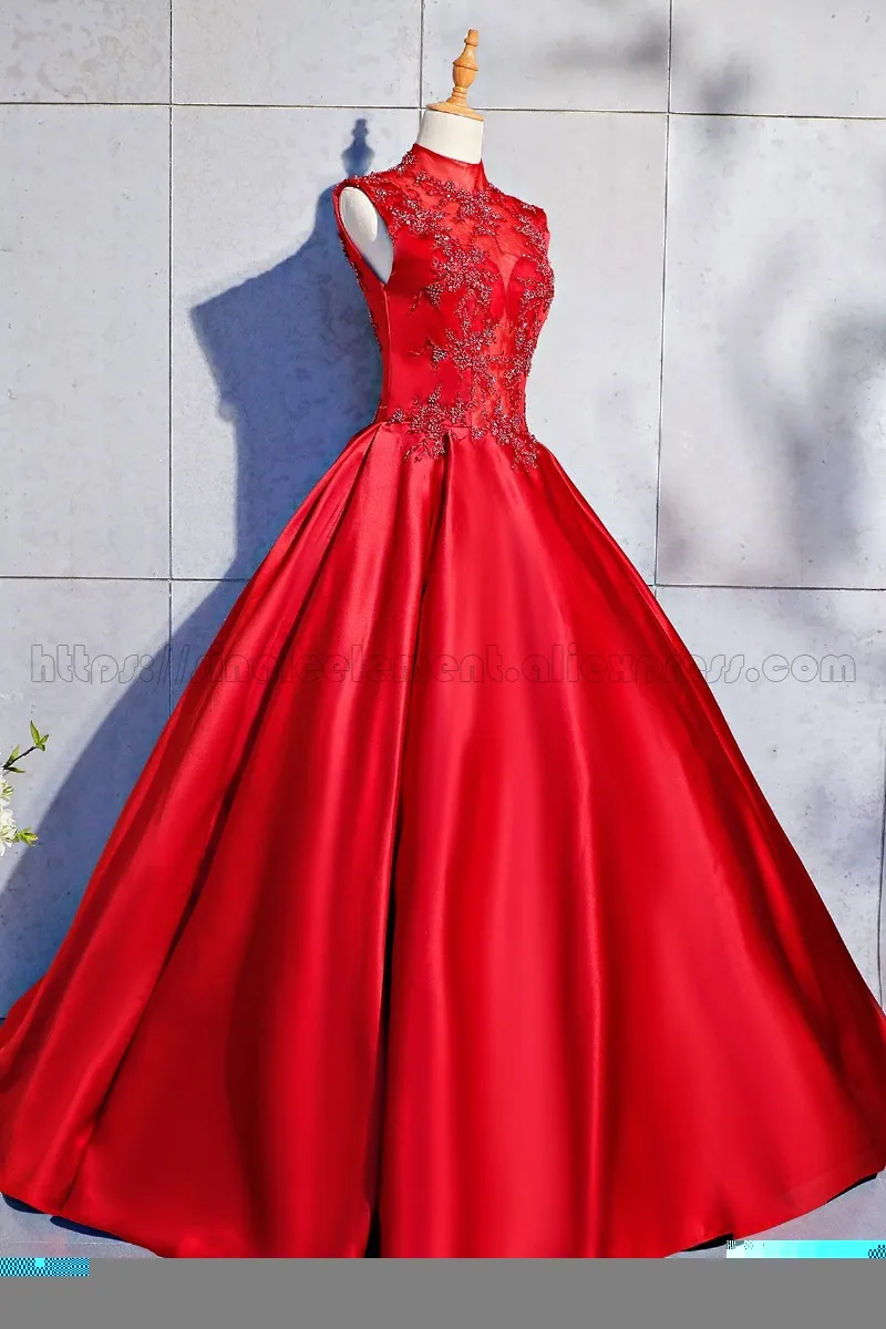Один элемент красный атлас Высокая шея сладкий Vestido De 15 Anos De Quinceanera платья