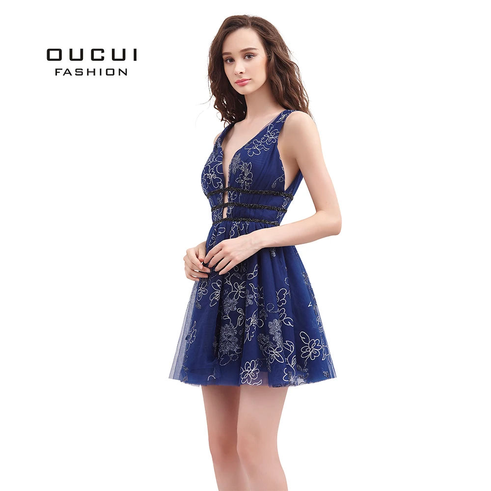 Сексуальные кружевные Короткие вечерние платья Robe De Soiree с v-образным вырезом Элегантные аппликации вечерние платья OL103566