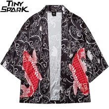 Harajuku кимоно куртка японский красный Koi рыбий принт хип хоп мужская куртка в уличном стиле пальто короткое осеннее тонкое платье в японском стиле