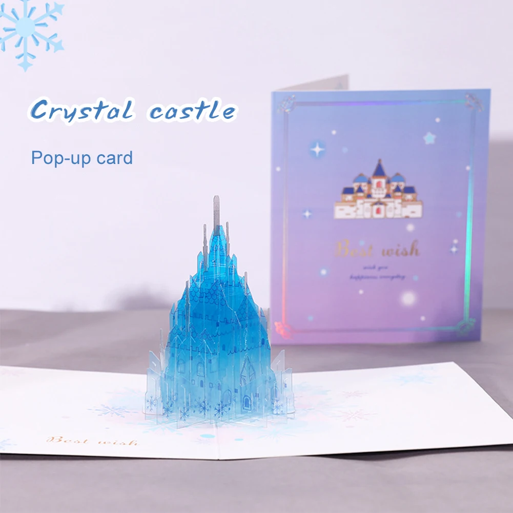 

3D Blue Crystal Castle Card Pop Up Greeting Card For Holiday Christmas Thanksgiving Day Card Wedding Greet Postcard Gift