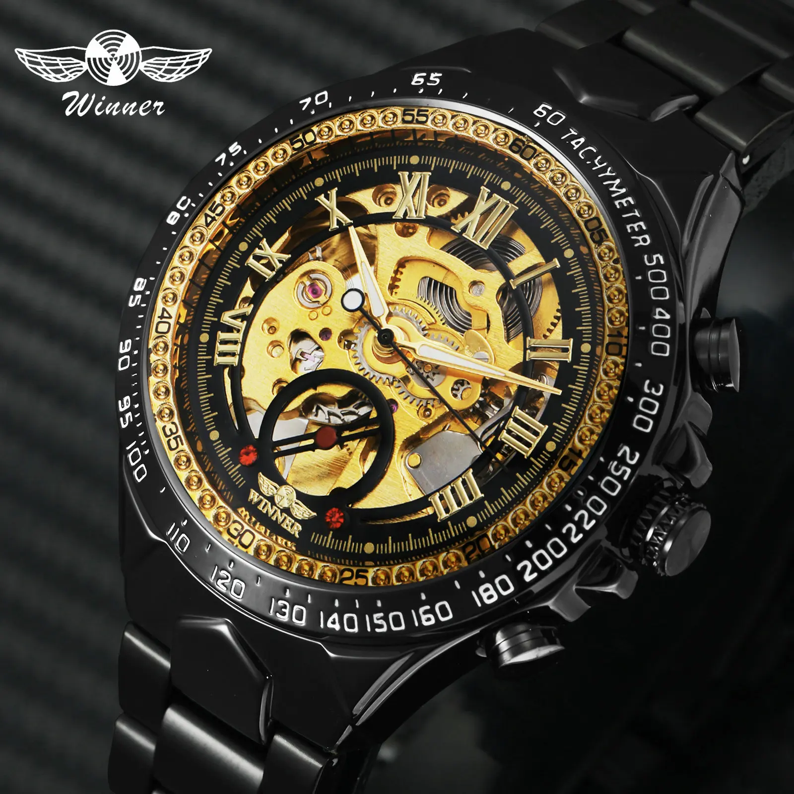 Baratos El ganador de los relojes para hombre marca superior de lujo automático mecánico esfera dorada esqueleto correa de acero inoxidable moda clásica reloj de pulsera 2019