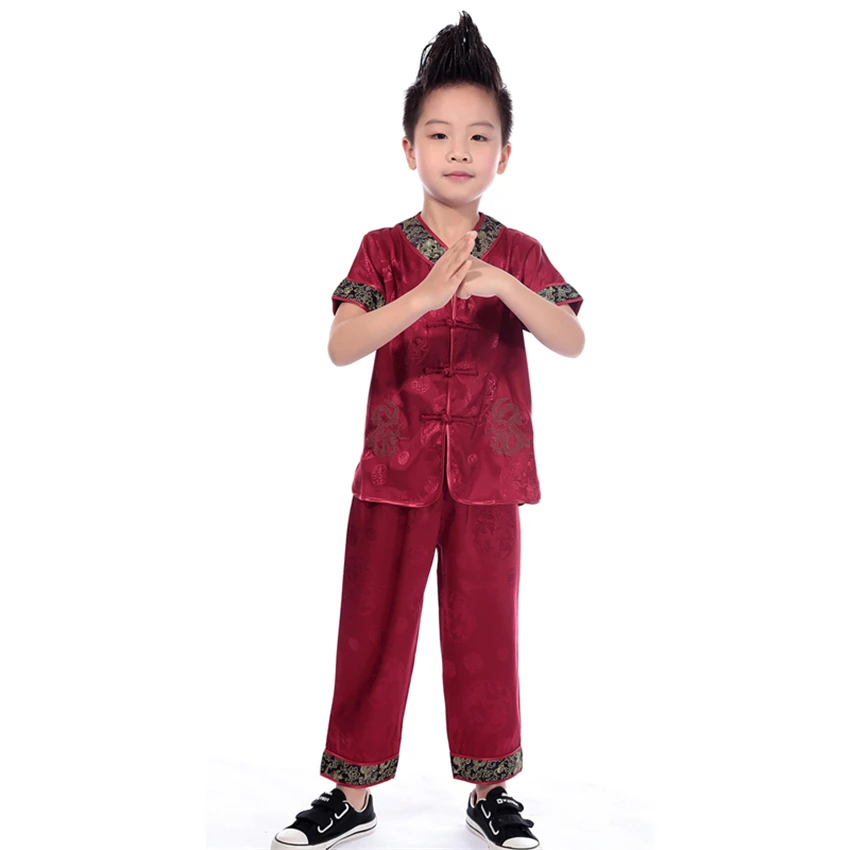 Детский Китайский традиционный костюм в стиле династии Тан кунг-фу Вышивка Дракон короткий рукав Мальчики Китай Мода Топ сценическая одежда