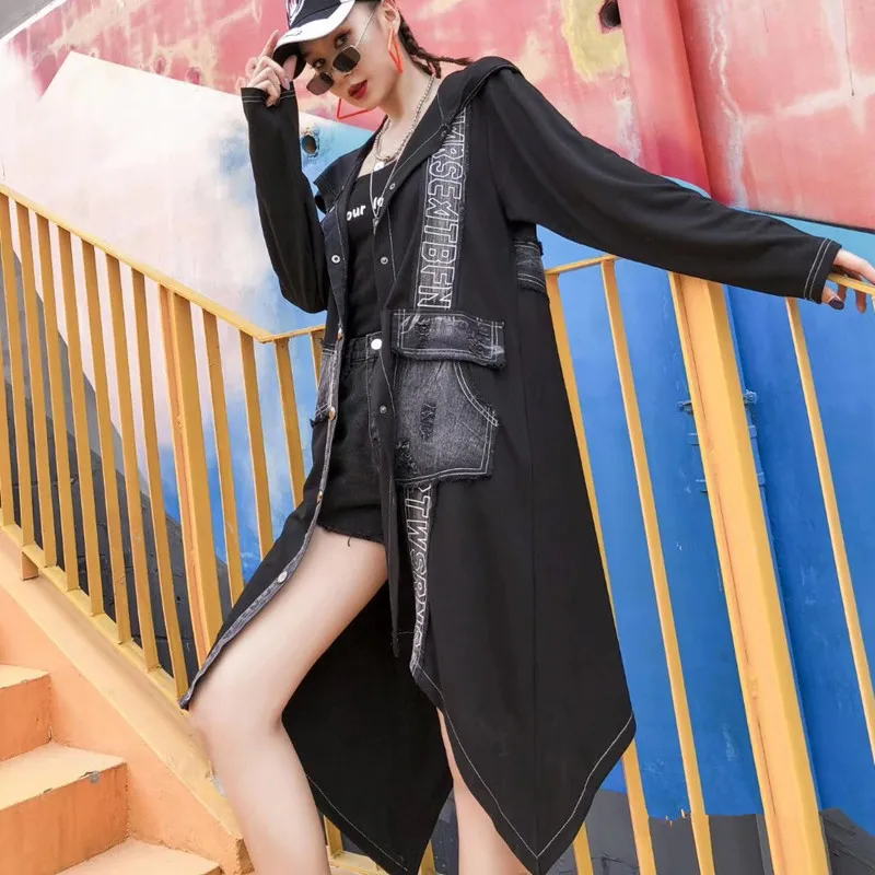 

2019 Black Windbreaker Autumn New long Section Small Coat Girl Line Bandwidth Loose Solid Color Belt Casual Windproof Cloak