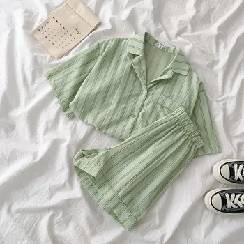 

Fashion Striped Short Suit Summer Women Casual Short Sleeve Shirt Blouse + High Waist Elastic Wide Leg Short Matching Set