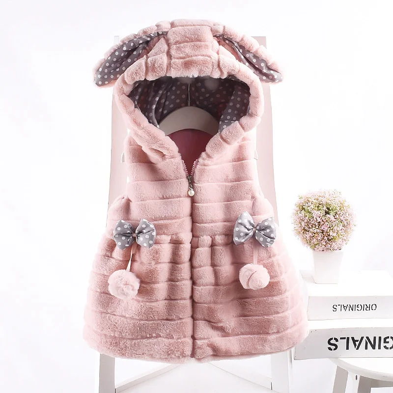 Теплое зимнее Детское пальто для девочек Детская верхняя одежда для малышей утепленный бархатный жилет с капюшоном и бантиком из искусственного меха Casaco S9487 - Цвет: Pink