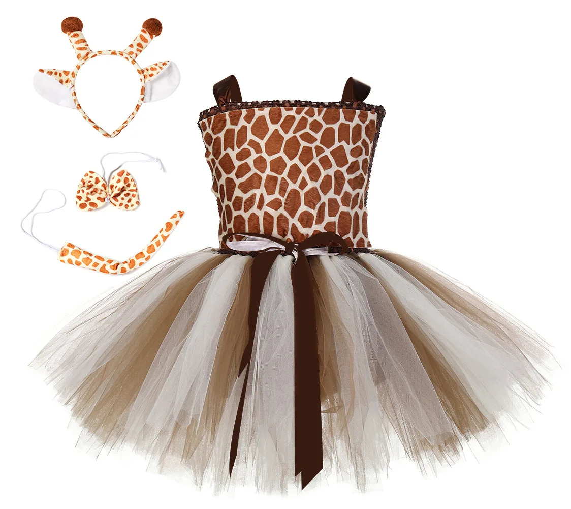 Милый комплект с платьем с изображением жирафа для маленьких девочек повязка на голову, комплект из двух предметов, детское праздничное платье с героями мультфильмов, сетчатые платья-пачки для маленьких принцесс