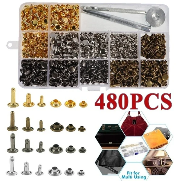 480/360PCS Leather Double Cap Rivets Metal Tubular Rivets for Leather Craft Repairs Decoration with Punch Pliers Fixing Tools 480PCS