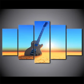 

5 Panel Canvas Art Music Painting Vintage Sunset Beach Guitar Wall Pictures For Living Room Poster Painting