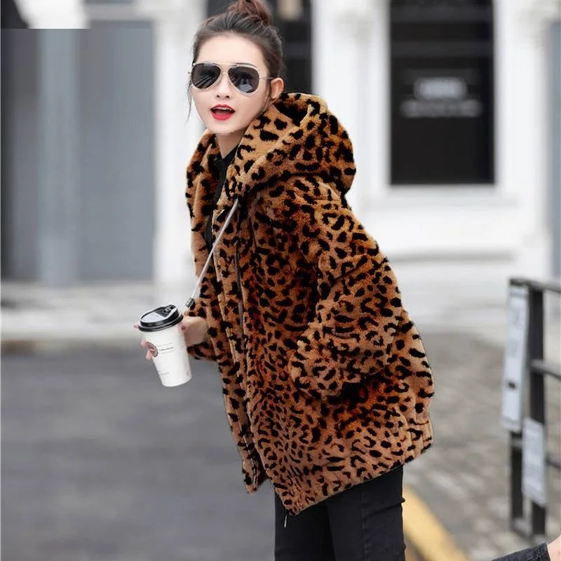 Новинка с капюшоном леопардовое женское Шерстяное Пальто Зимняя теплая Женская куртка на молнии и карманом смеси кашемира шерстяное пальто теплая куртка