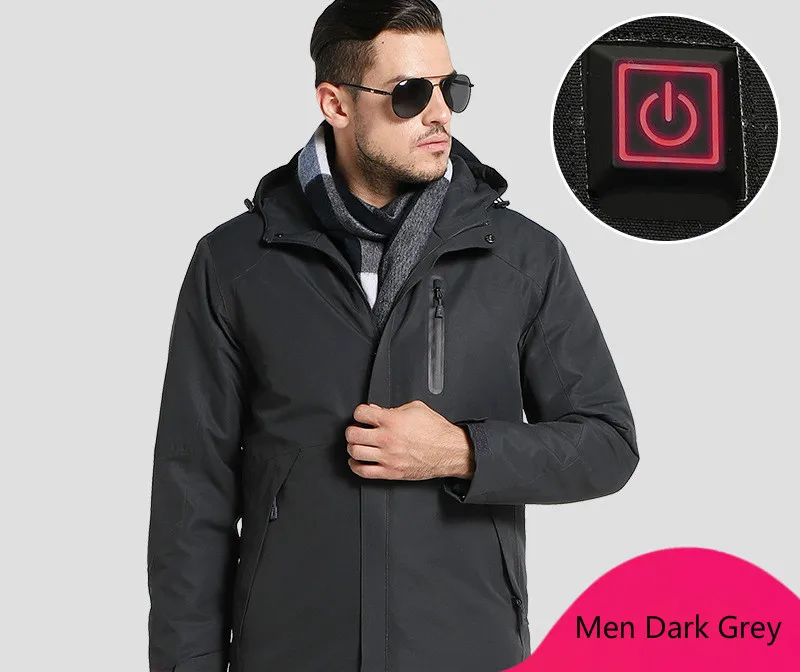 Мужская и женская куртка с подогревом, водонепроницаемая куртка с капюшоном для холодной погоды, система быстрого нагрева, зимние пальто и куртки - Цвет: Men Dark Grey