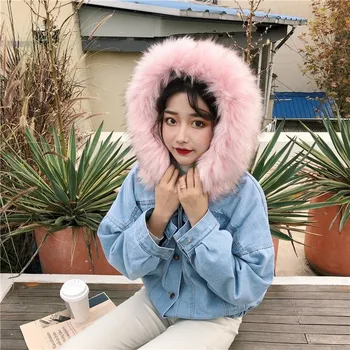 

women Short jean jacket Winter Thick Jean Jacket Faux Fur Collar Fleece Hooded Denim Coat Female Warm Denim Outwear