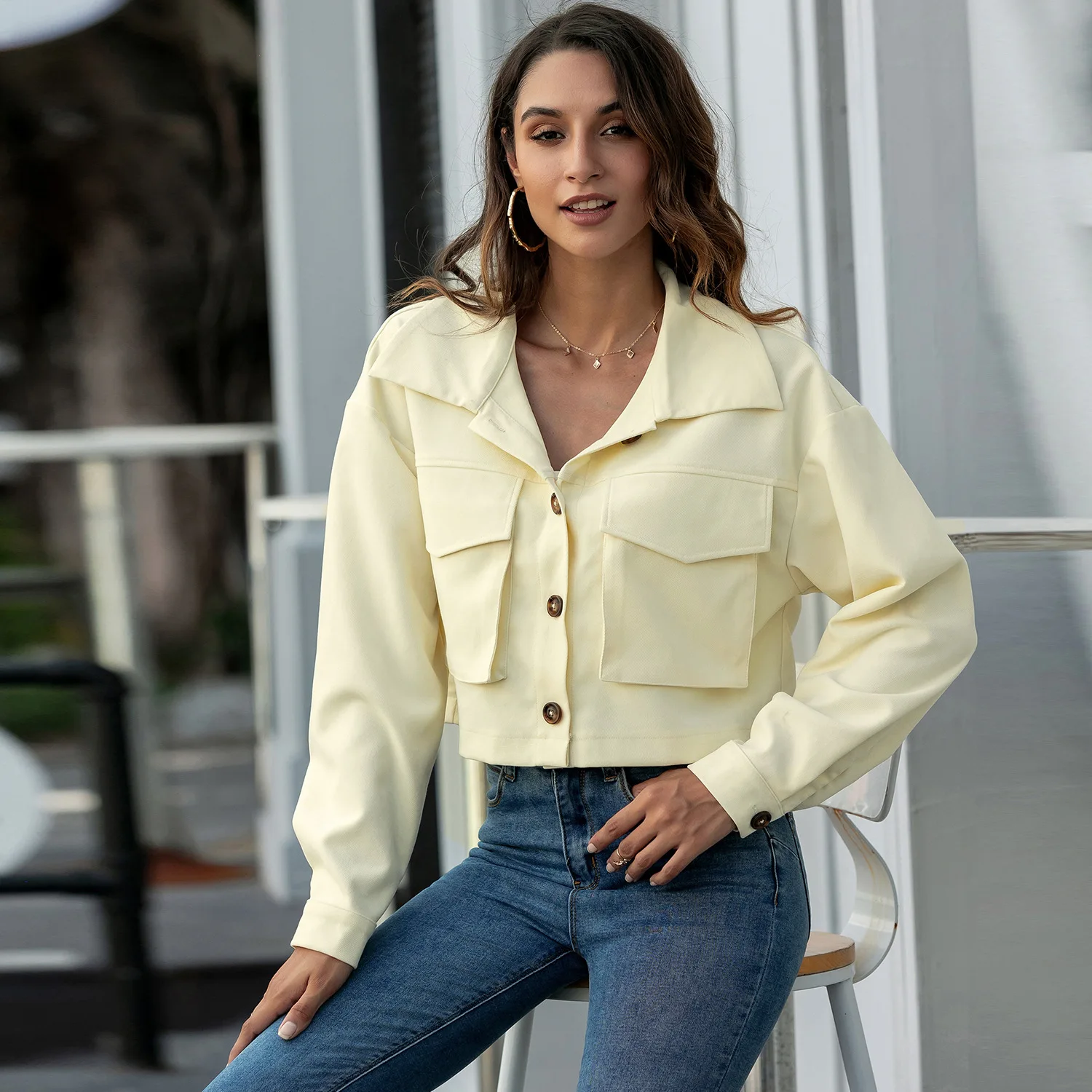 

luo qi Cross Border 2020 Autumn Amazon AliExpress Separate Station Solid Color Fold-down Collar Button Cardigan Casual Coat