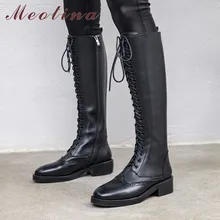 Meotina/Осенние Сапоги до колена; женские высокие сапоги из натуральной кожи на блочном каблуке; обувь с перфорацией типа «броги» на молнии с круглым носком; женская зимняя обувь; размеры 34-39