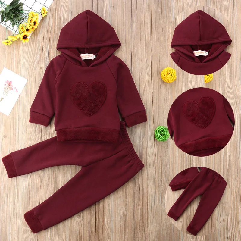 2Pcs Newborn Toddler Baby Boys Girl Red Heart Sunsuit Set Kids Girls Cotton Hooded Sweatshirt Tops Long Pants Outfit Set Clothes