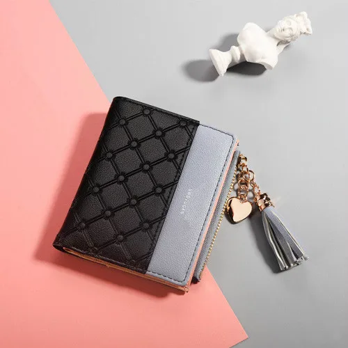 Модный женский кошелек с кисточками для кредитных карт, маленькие Роскошные брендовые кожаные короткие женские кошельки и кошельки Carteira Feminina - Цвет: Black
