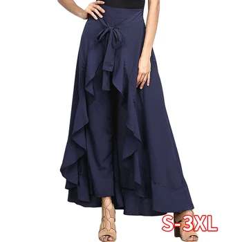 

Women Palazzo Pants Causal Ruffle Drawstring Trouser Elegant High Waist Irregular Loose Pure Color Autumn Female Pant