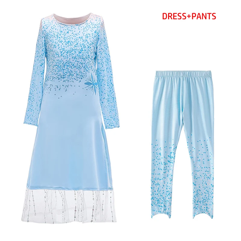 dress and pants Платье Эльзы 2 новое платье для девочек; платье принцессы для девочек пижамный комплект на Рождество, Косплэй Анна День рождения с длинными рукавами костюм «Эльзы»; Детские платья - Цвет: dress and pants
