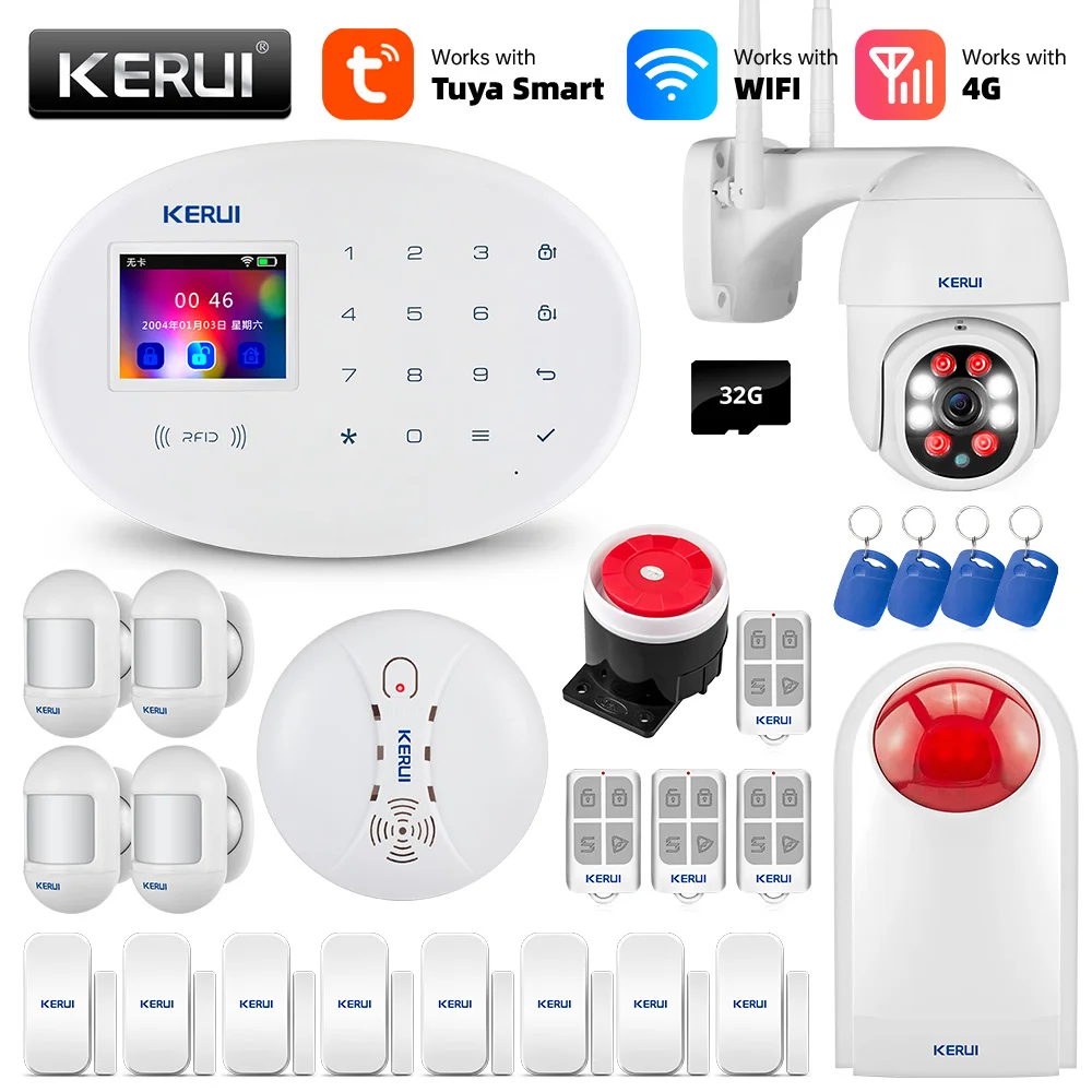 sound alarm device KERUI Tuya WIFI GSM 4G Smart Home Security Alarm System RFID APP Wireless Siren Sensor Detector IP Camera Sistema de alarmas security led lights Alarms & Sensors