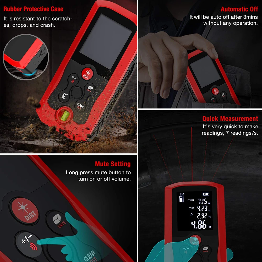 FIRECORE 40m(131ft)70m(230ft)100m(328ft) Laser Distance Meter Laser Rangefinder Distance LCD Backlight Measurer Tool(m/ft/in)