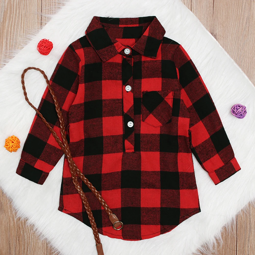 

Spring Style For 2021 Fashionable Red Checked Dress Personality Medium Length Shirt + Belt Two-Piece Set Girls Children Clothes