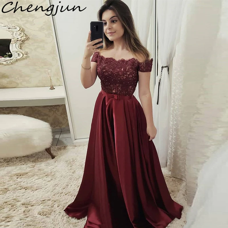 Chengjun Off The Shoulder Beaded Lace Bodice Elegant Burgundy Long Evening Dresses