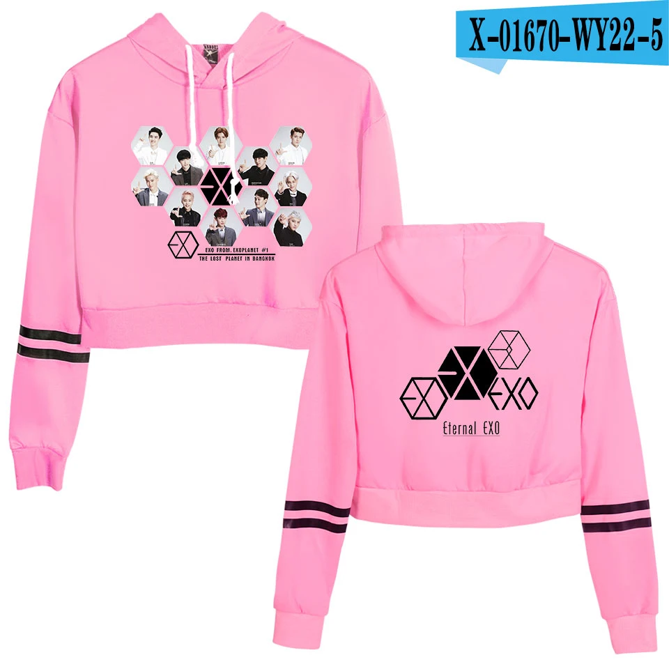 KPOP EXO PLANET#5 альбом Сексуальная укороченная Толстовка для женщин корейский EXO идол группа вентиляторы поддержка уличная EXO Kpop с капюшоном топы женские - Цвет: pink