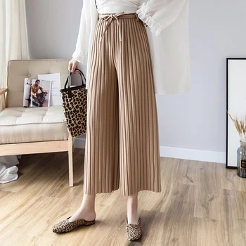 

New Women's Pants stripe 2020 Pleated wide leg Pants Vintage Loose ninth pants Casual Elastic High Waist Long Trousers 124E