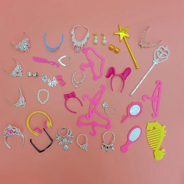 38pcs/Set Barbi Doll Accessories Simulation Jewelry Necklace Crown Earrings Pink Hanger Mirror Comb For Barbi Doll Toys 3
