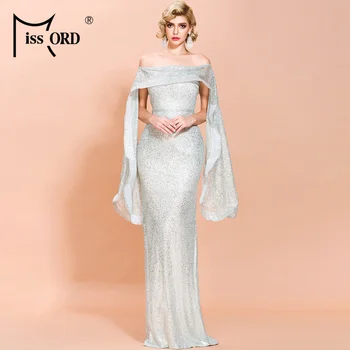 

Missord 2020 Sexy Irregular Neck Ruffle Solid Color Dresses Female Elegant Bodycon Maxi Glitter Dress FT19748-2