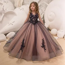 Luxury Girl Party Dress For 2021 Ball Gown Floor-Length V-Neck Sleeveless Lace Applique For Wedding Smart Kid Princess Hot Sale