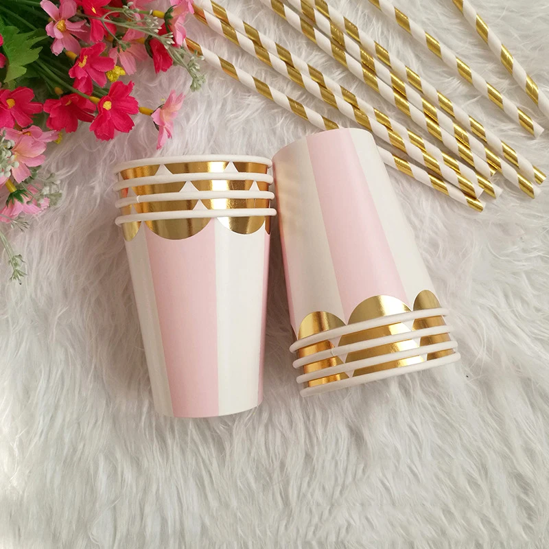 Cup 8pcs Розовые золотые полосы вечерние Бумажные Соломенные тарелки салфетка для чашек вечерние детские подарки на день рождения свадьбы декоративные одноразовые столовые приборы - Цвет: Cup 8pcs