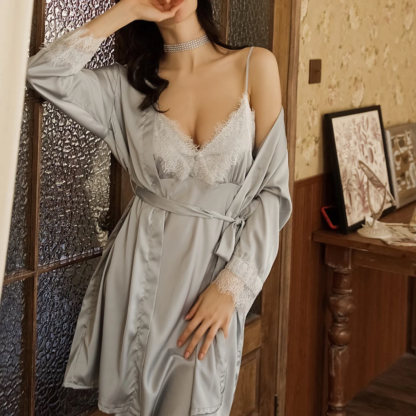 

Sexy Lace Pyjamas Women Nightgown Temptation V-necktie Sleepwear Two-piece Suit Summer 2019 Lounge Set
