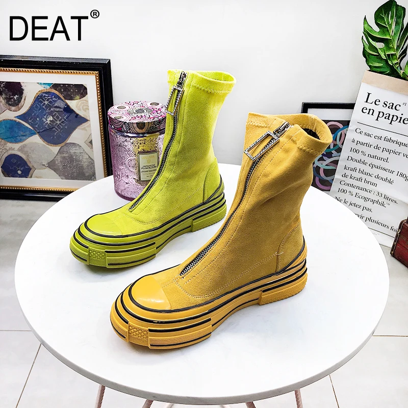 

[DEAT] 2019 Round Toe Crystal Front Zipper Stretch Fabric Striped Single Women Short Boots New Spring Autumn Fashion Tide 10D922