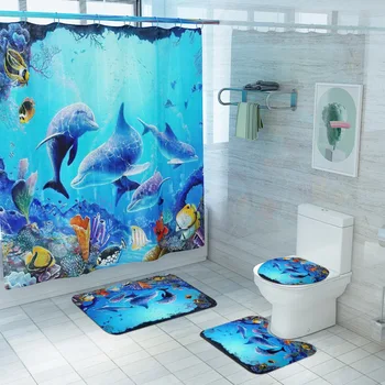 

Dolphin Fish Print Shower Curtain Floor Mat Four Piece Bathroom Mat Set Partition Curtain Home Toilet Decoration