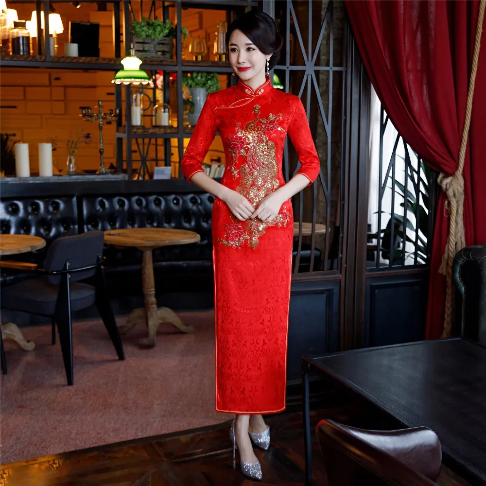 Новое поступление китайский женский Ципао длинный стиль Cheongsam женское традиционное шелковое атласное платье Вышитый Костюм Феникса 4XL 5XL