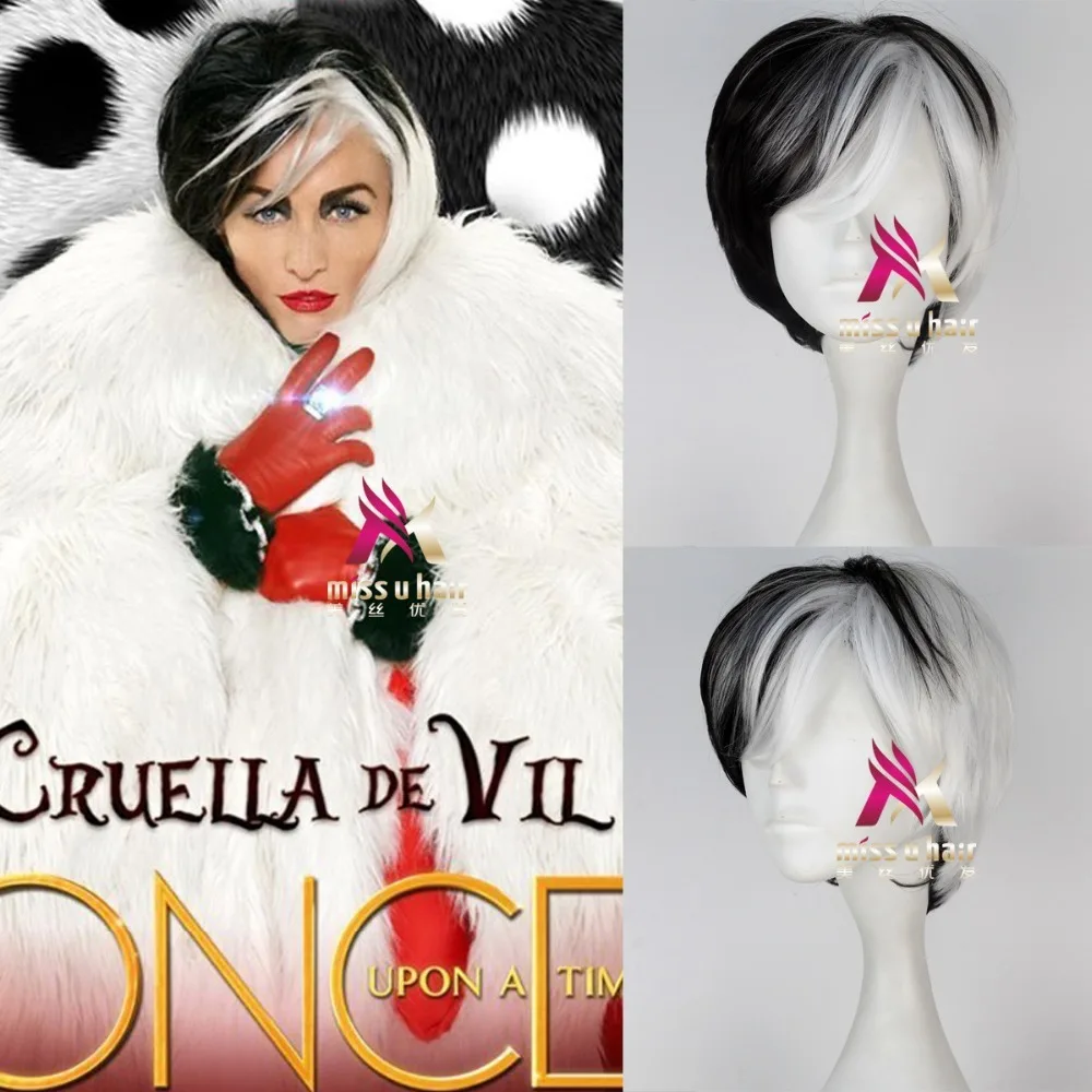 Deille Cruella De Vil парик для косплея сто один далматинец дьявол парики половина белый половина черный слоистый косплей парик+ парик шапка