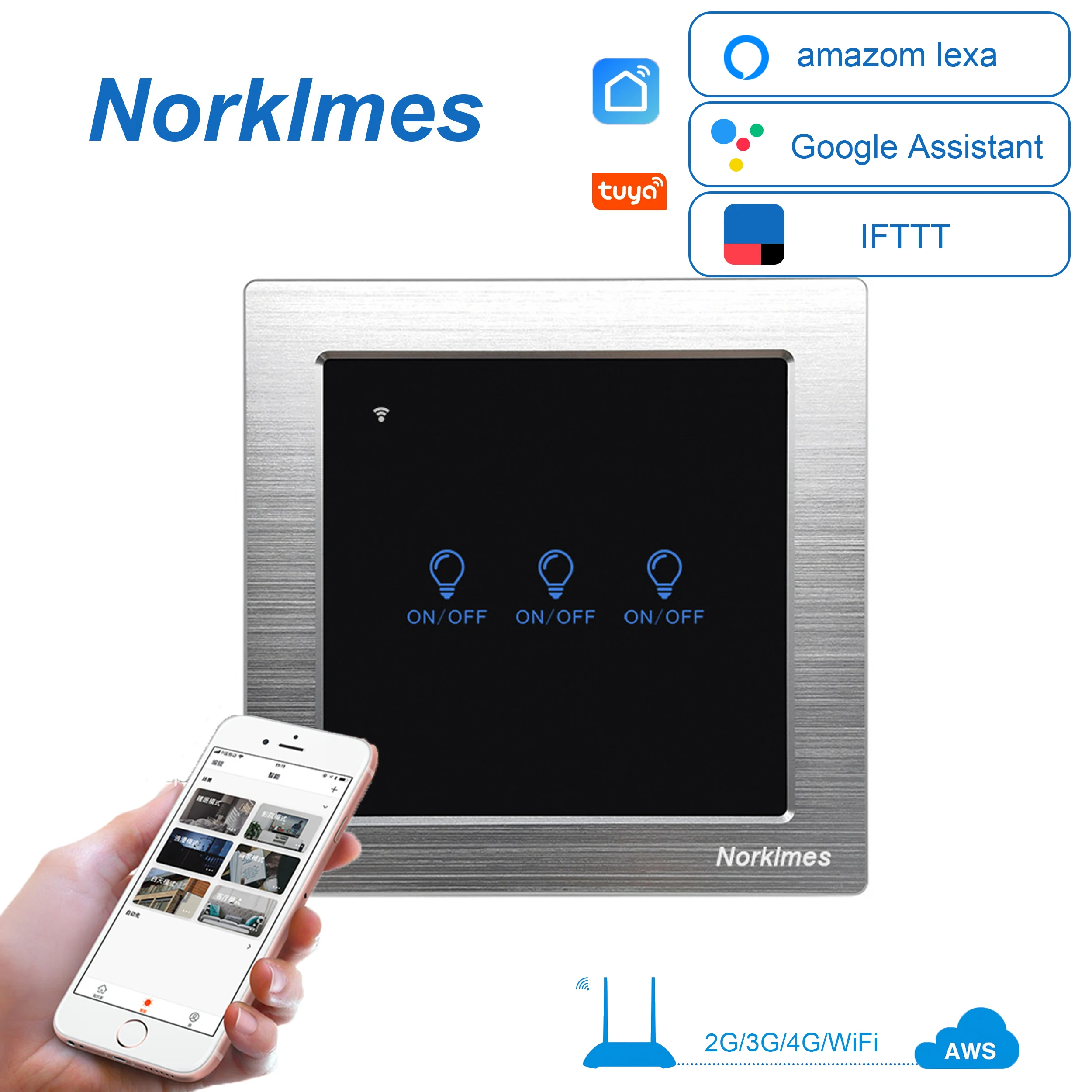 

Silver metal frame toughened glass panel WiFi smart home wall switch APP control 3 gang 2 way 1 way lamp switch moisture-proof p