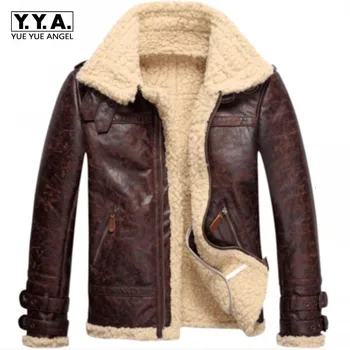 

High Quality New Brand Fashion Mens Vintage Leather Lamb Fur Fleece Bomber Flight Coats Male Winter Warm Fur Lining Zipper Coats