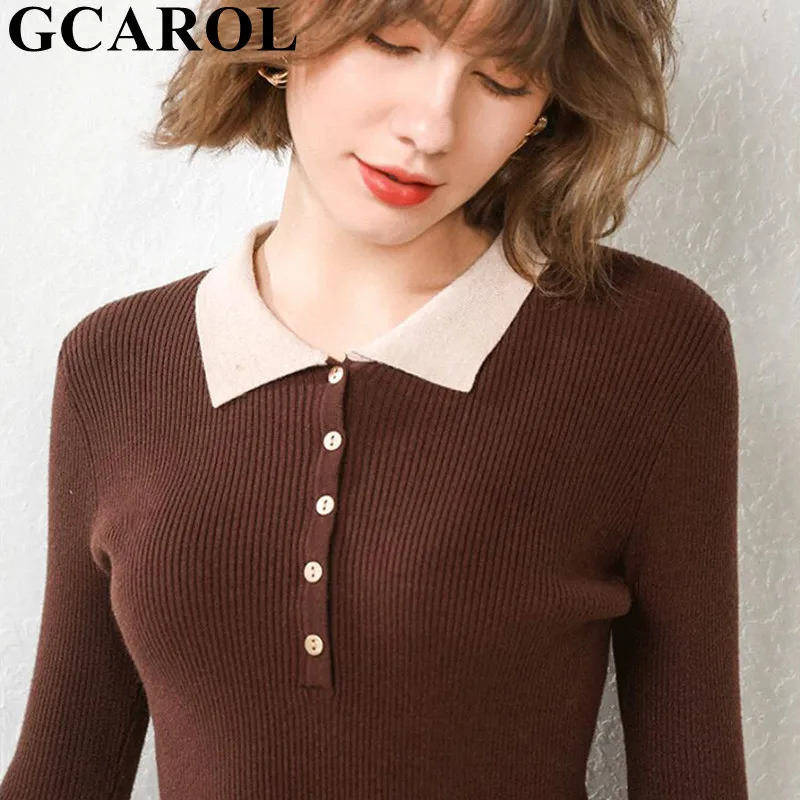 Женский комбинированный джемпер GCAROL, стрейчевый свитер с отложным воротником, вязаный пуловер с содержанием шерсти 30% в стиле минимализма, трикотажный джемпер размера 2XL