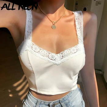 

ALLNeon E-girl Sweet Spaghetti Strap Lace Cami Tops Y2K Style Solid V-neck Backless Cute Cropped Tops Vintage 90s Streetwear