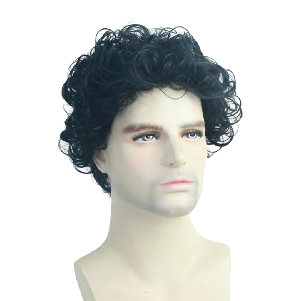 Fashion Black Natural Short Curly Wigs Wavy Hairstyle Synthetic Fiber Hair Wigs 10 inch for Men, Heat Resistant 