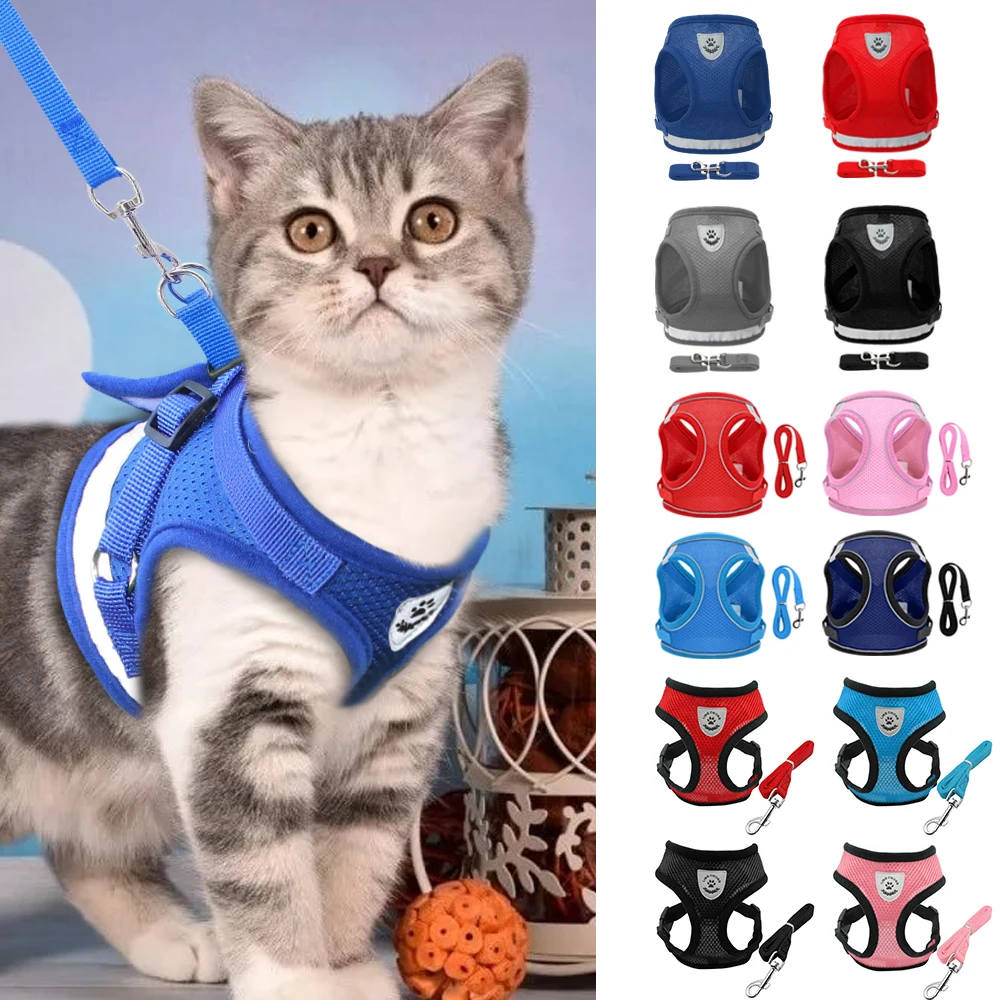 Conjunto de Correa y arnés para cachorros y gatos pequeños, malla transpirable, reflectante, para gatitos y mascotas, Chihuahua, arneses para chaleco, correa para perros medianos y pequeños
