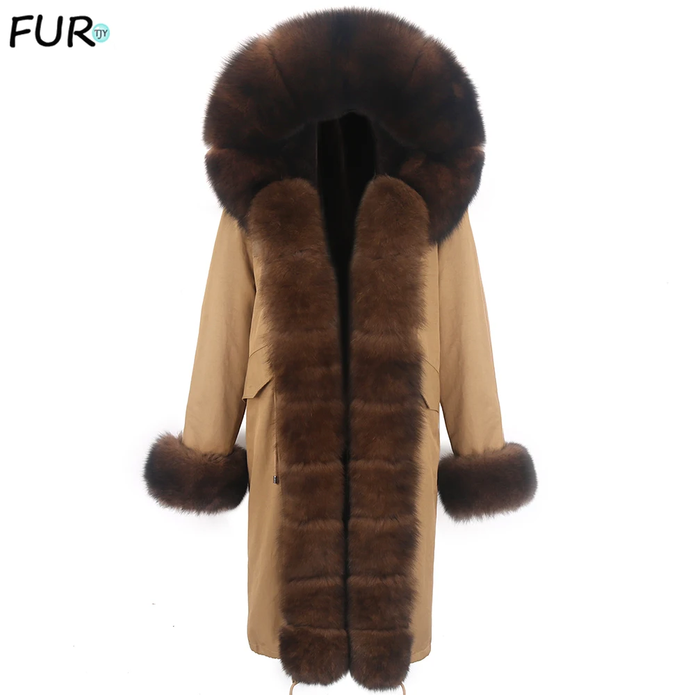 

2020 X-long Waterproof Parka Winter Jacket Women Real Fox Fur Coat Faux rabbit fur liner Big Fur Outerwear Detachable