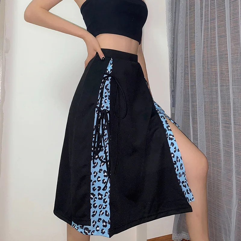 

NCLAGEN 2020 Sexy Print Patchwork Split Knee Length Skirt Drawstring A Line Bodycon Party Club Outfit Punk Streetwear Skirts
