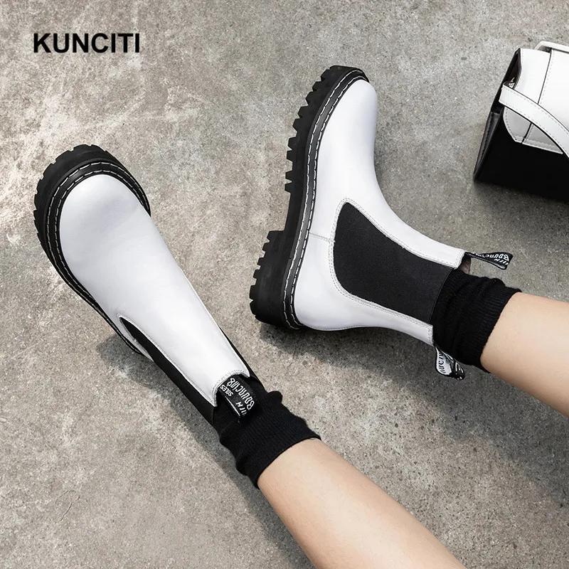 KUNCITI/ г.; белые растягивающиеся сапоги; Женская эластичная обувь из натуральной кожи; женские полусапожки без застежки; Европейская мода; онлайн; D9169